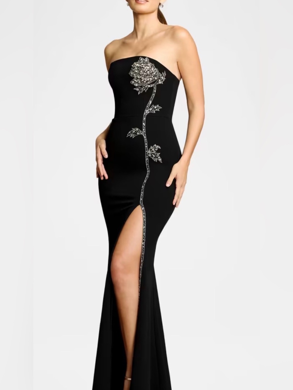 Black Embellished Strapless Evening Gown